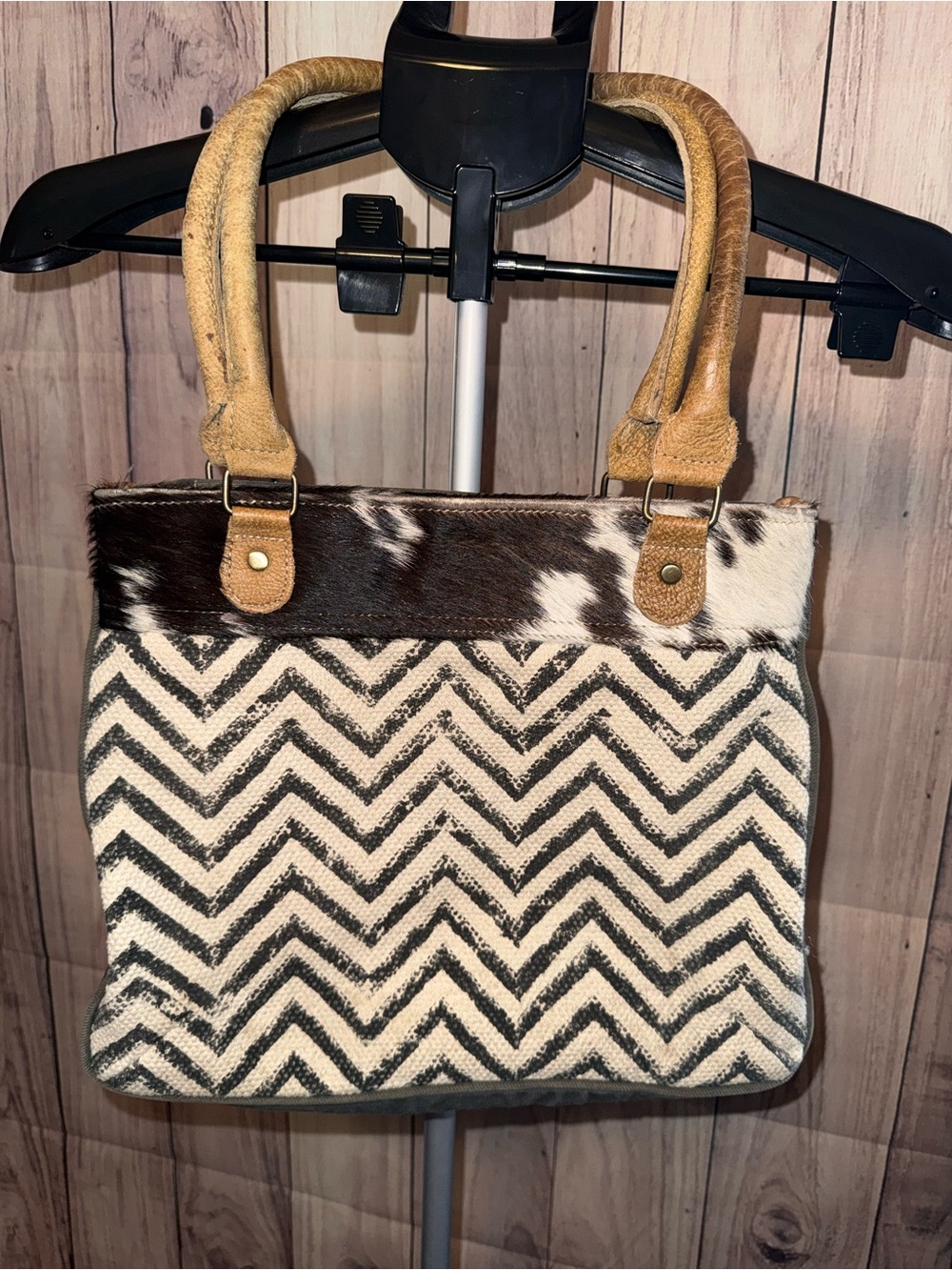 Myra Bag Hair-On-Hide Chevron Canvas Tote Western Boho Leather bag